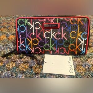 Calvin Klein Rainbow Wallet Black With Multicolor CK Allover Print Zip